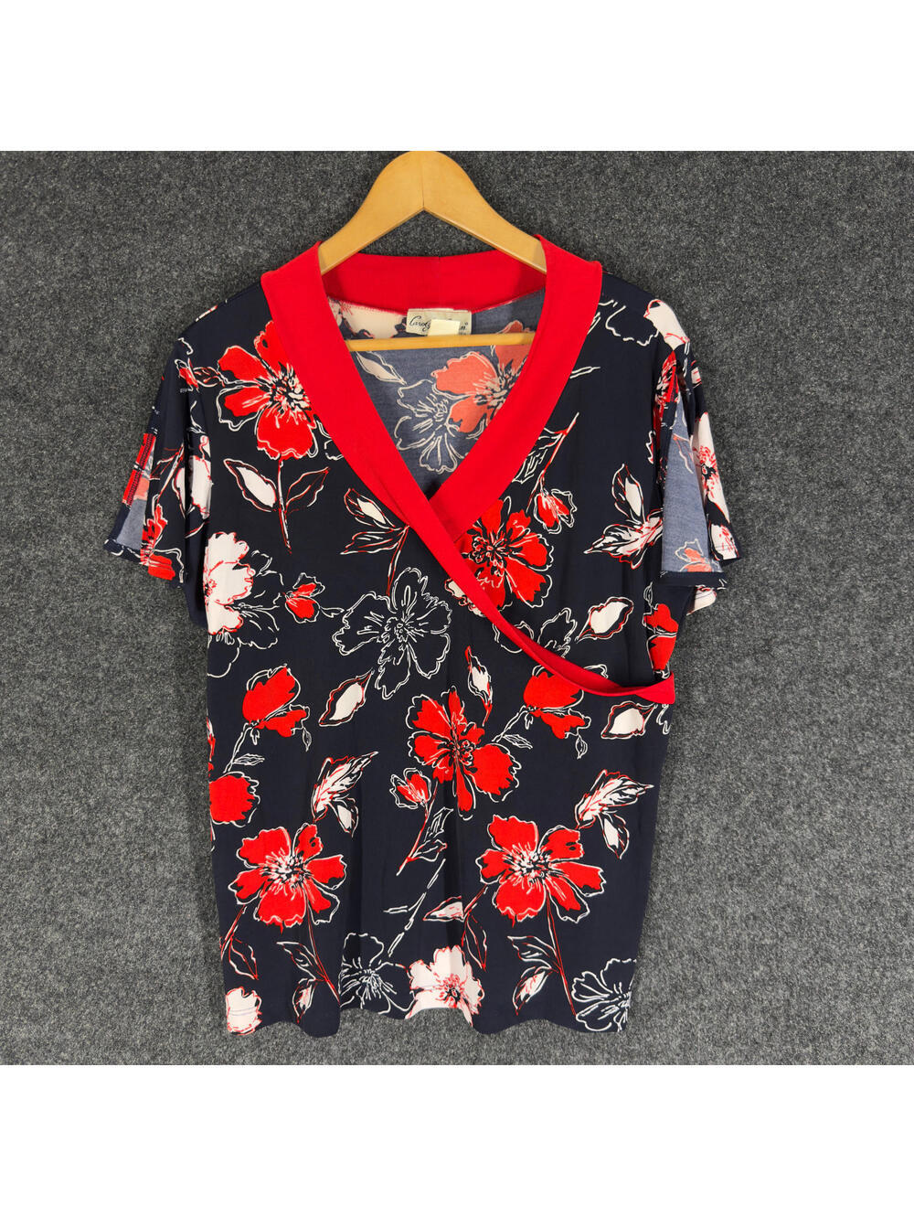 Carolyn Strauss Blouse Women L Large Blue Floral V-Neck Short Sleeve Casual